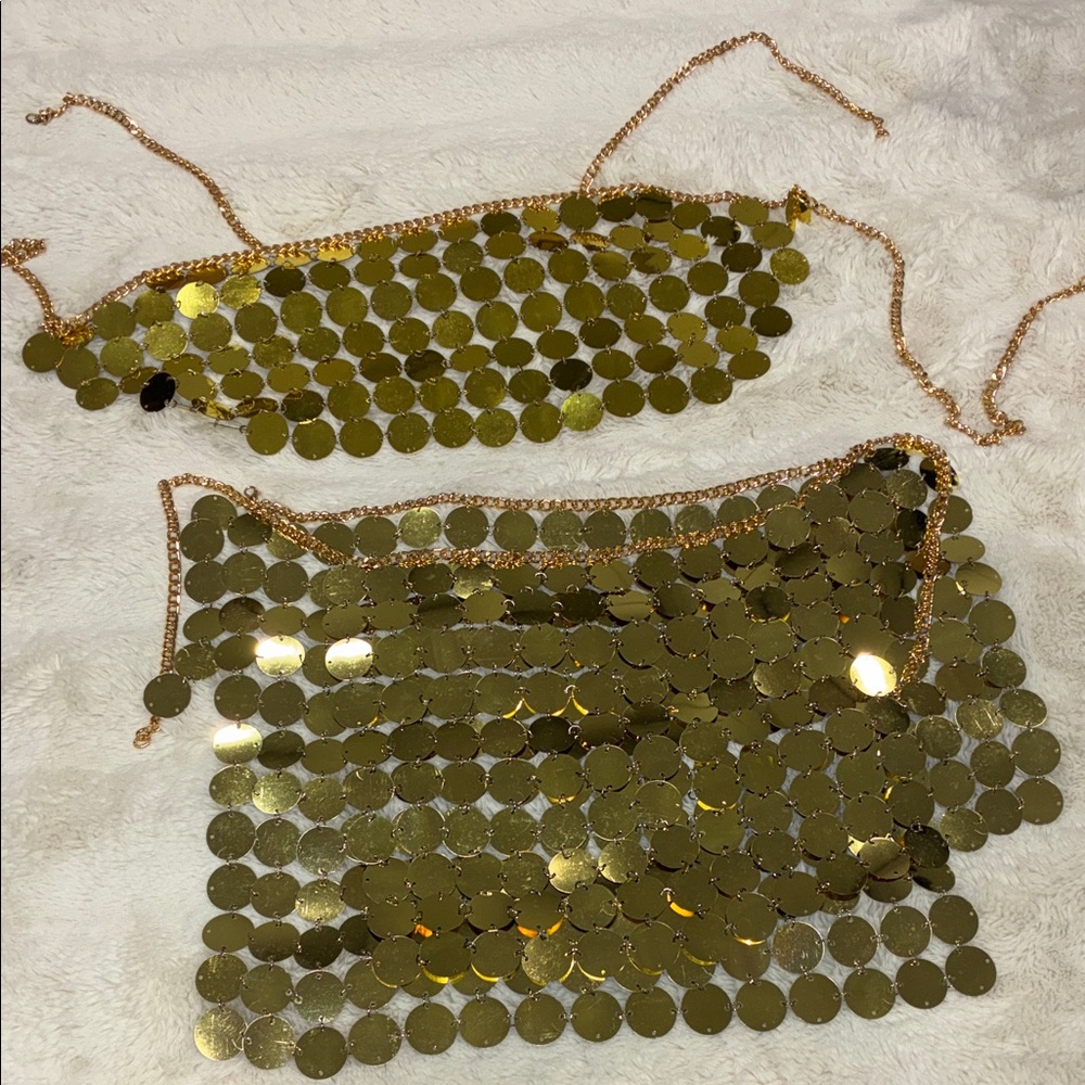Gold Sequin Chain Top and Skirt.
